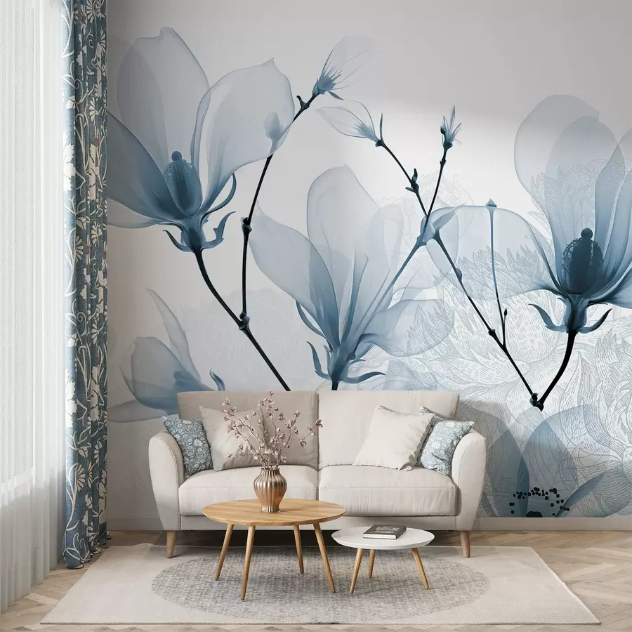 fototapet Flori de magnolie albastru translucid cu siluete de flori cu petale delicate și tulpini întunecate w08978