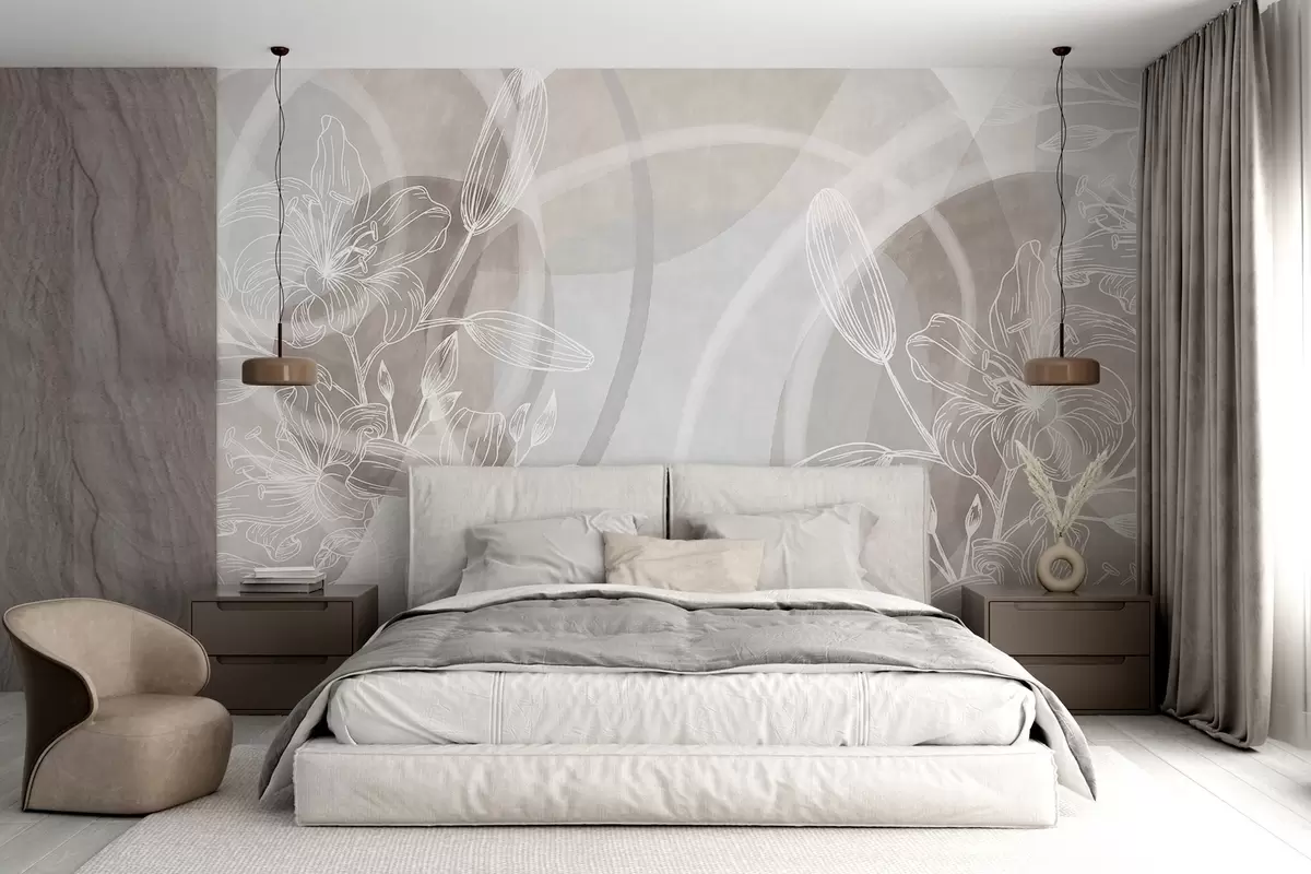 fototapet Design floral minimalist cu flori și frunze albe line art, cercuri abstracte suprapuse în nuanțe de bej și albastru w08979v1