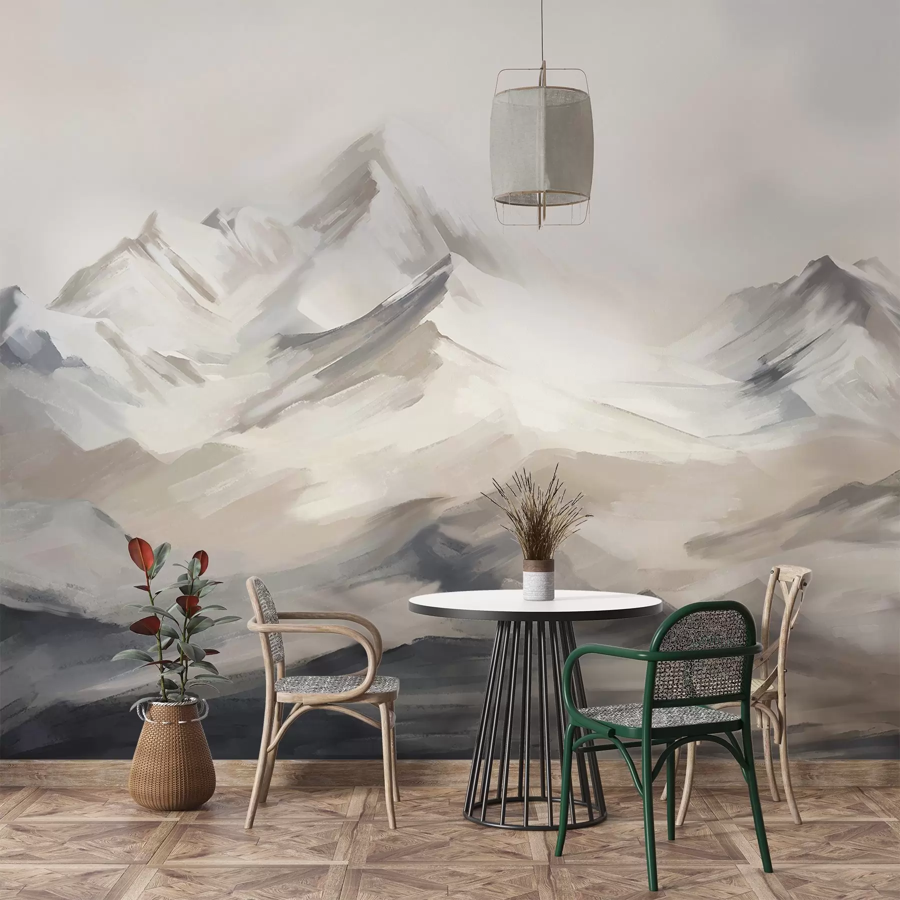 fototapet Munți peisaj cu cer de lumină, perie lovituri, culori neutre bej și gri, gama de munte w08980