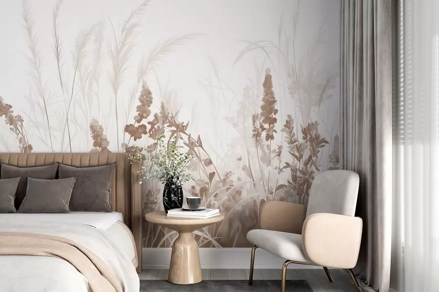 fototapet Flori maro și trestii bej într-un câmp, textura pictura minimalist, fundal luminos, culori moi, tușe delicate w08982v1