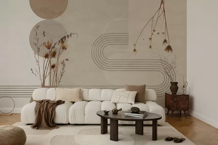 fototapet geometrie elegantă și flori uscate în tonuri de bej w03449