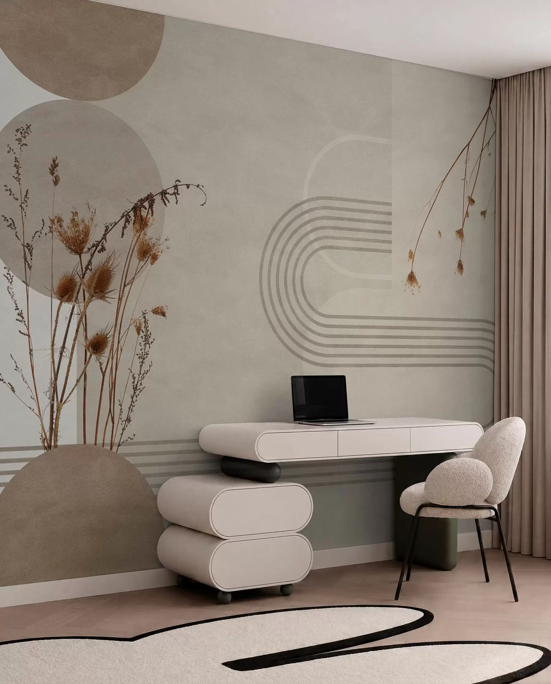 fototapet geometrie elegantă și flori uscate în tonuri de bej w03449