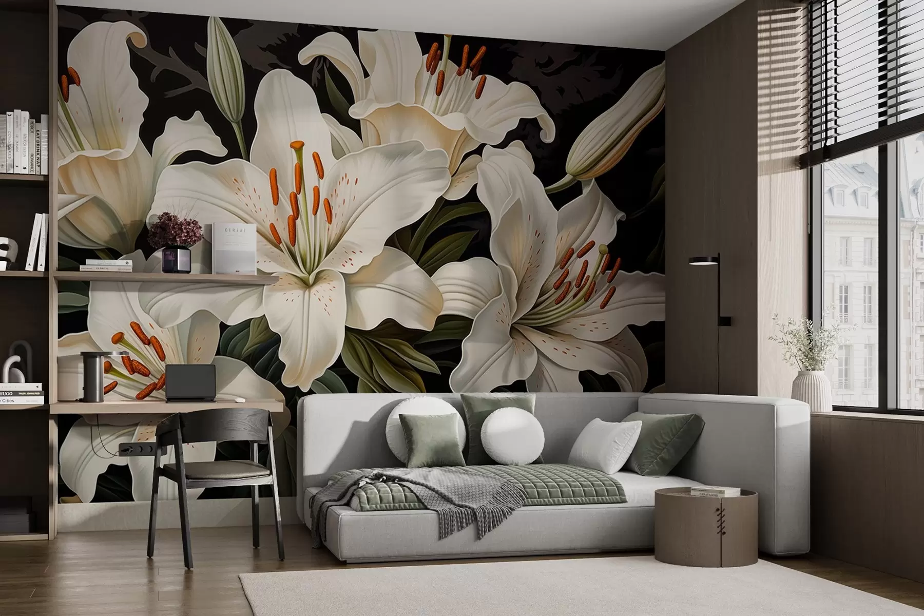 fototapet Elegant flori albe mari pe un fundal întunecat w08983