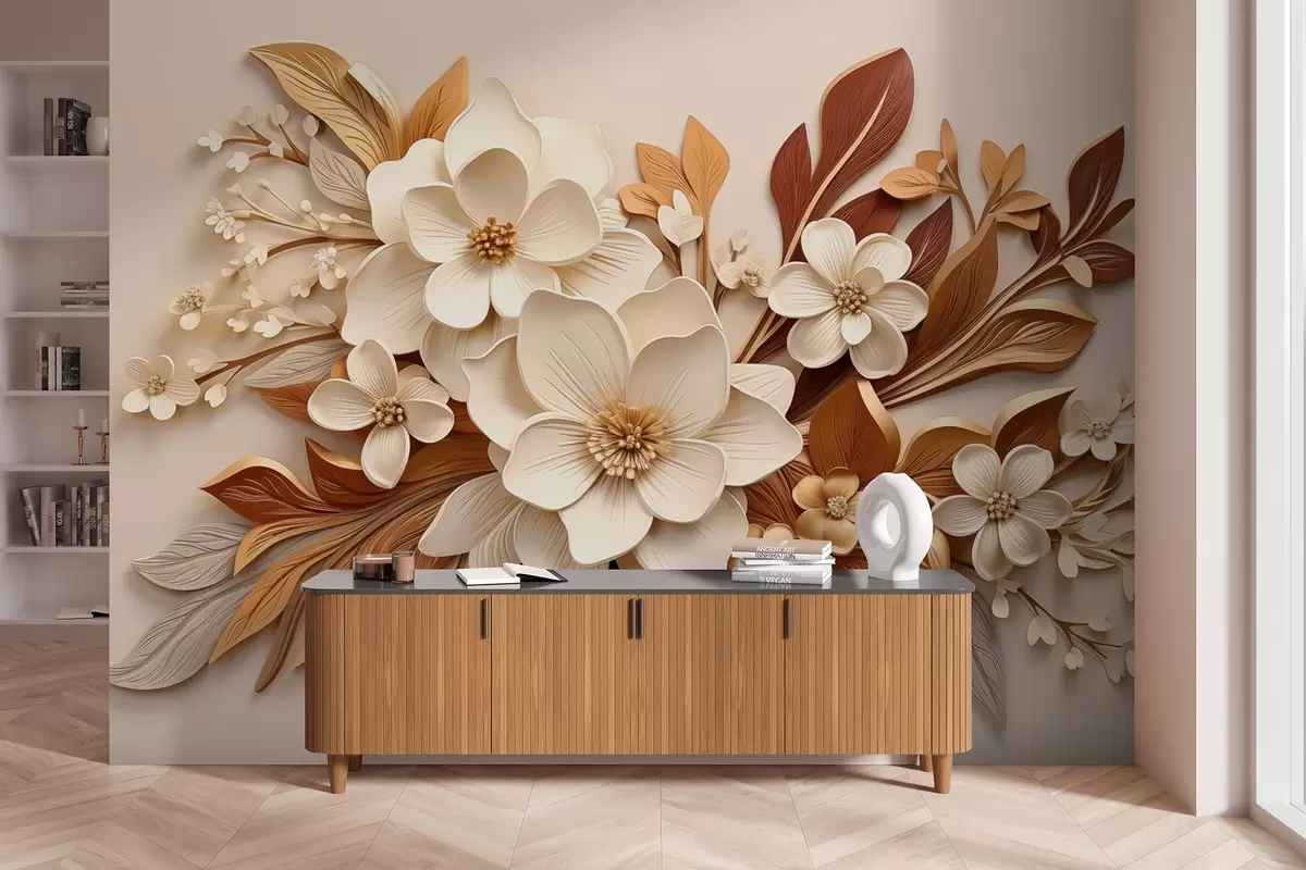 fototapet flori 3D cu frunze în stil origami în nuanțe de bej w08984