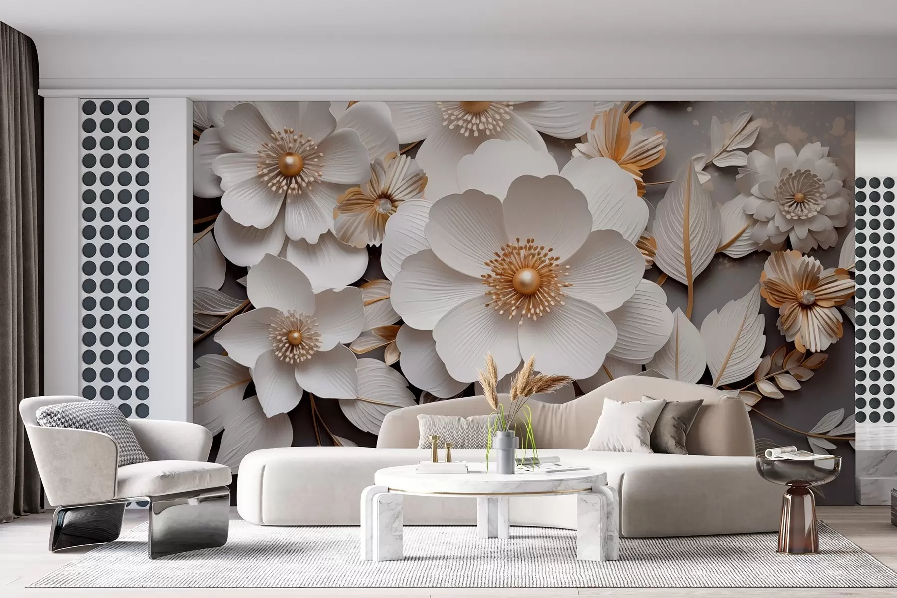 fototapet flori 3D în stil origami în tonuri de galben-cenușiu w08993