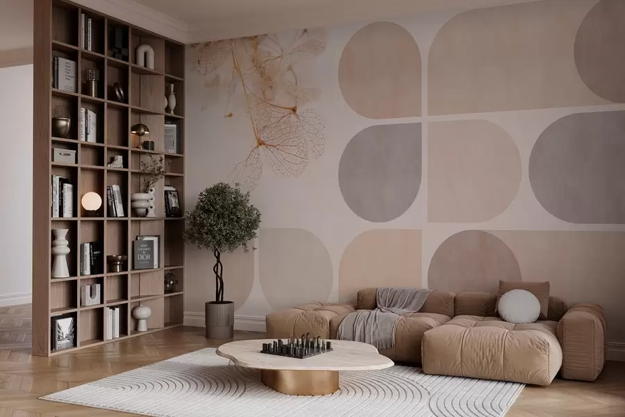 fototapet geometrie și flori uscate cu nervuri în tonuri de bej w03617