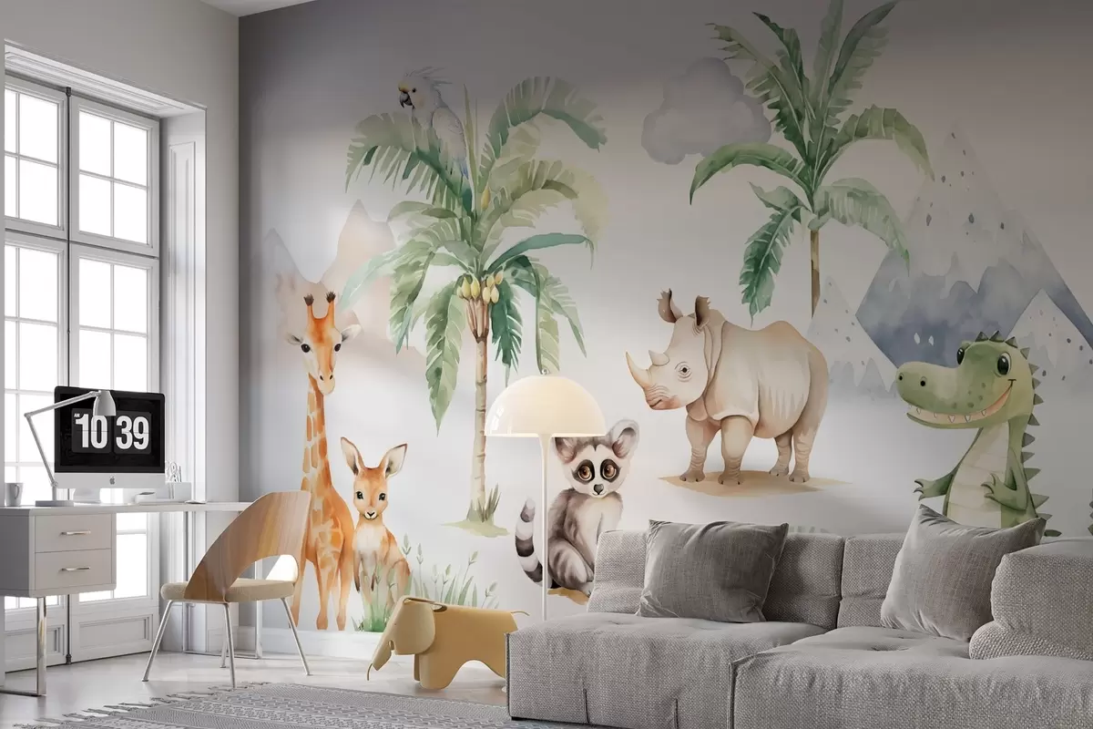 fototapet Animale tropicale lângă palmieri imitație de acuarelă w03740