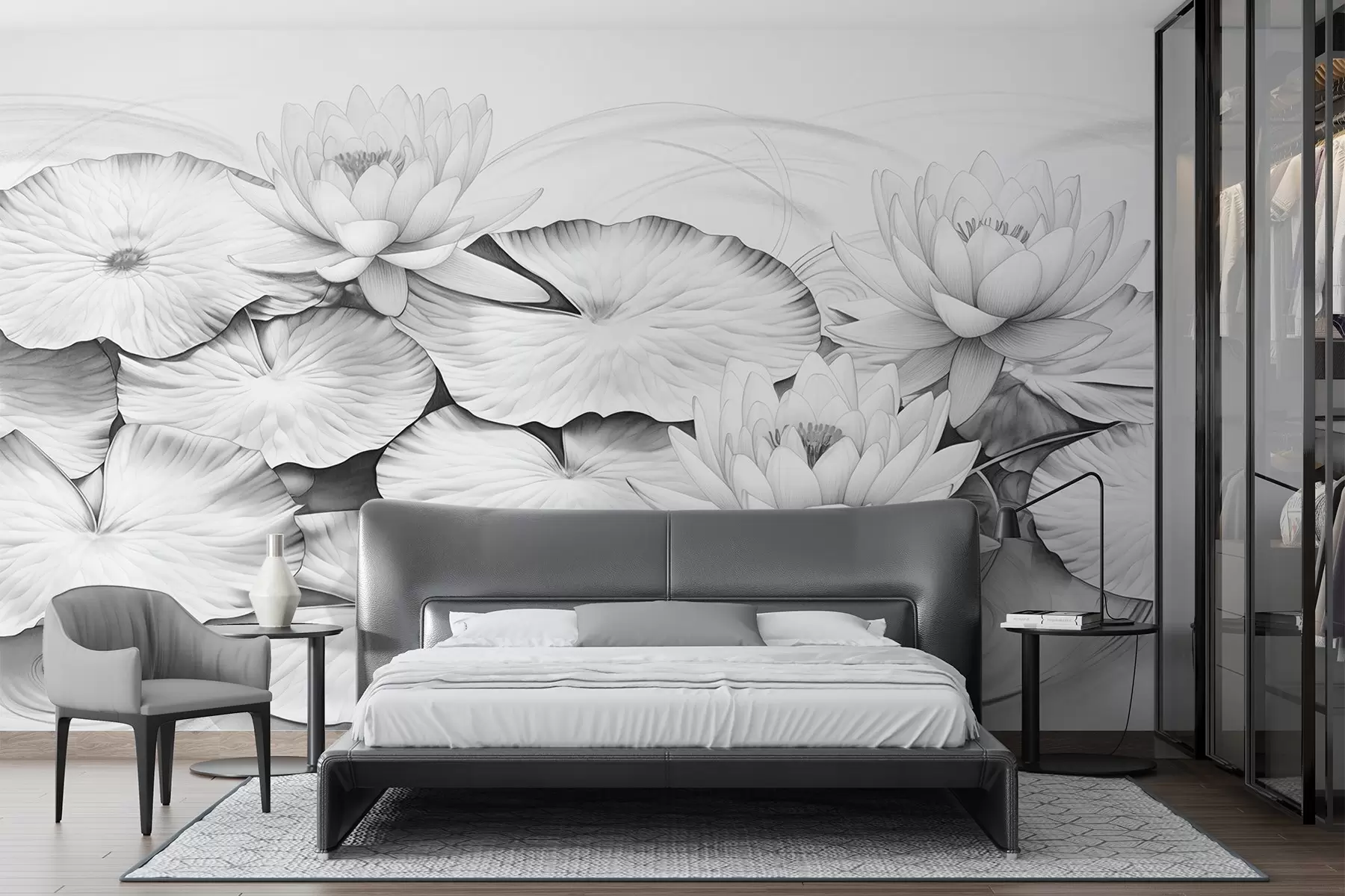 fototapet Nuferi și nuferi într-un iaz, imitație alb-negru a desenului în creion, ilustrație botanică detaliată, artă a naturii w09006