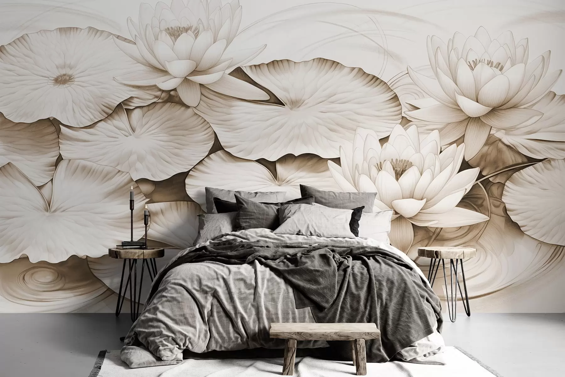 fototapet Nuferi și nuferi într-un iaz, imitație maro și alb de desen în creion, ilustrație botanică detaliată, artă a naturii w09006v2