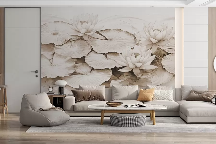 fototapet Nuferi și nuferi într-un iaz, imitație maro și alb de desen în creion, ilustrație botanică detaliată, artă a naturii w09006v2