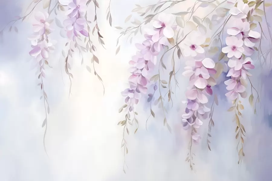 fototapet Wisteria flori cu petale liliac și frunze verzi agățat de ramuri, culori pastelate moi, fundal colorat pastel w09010