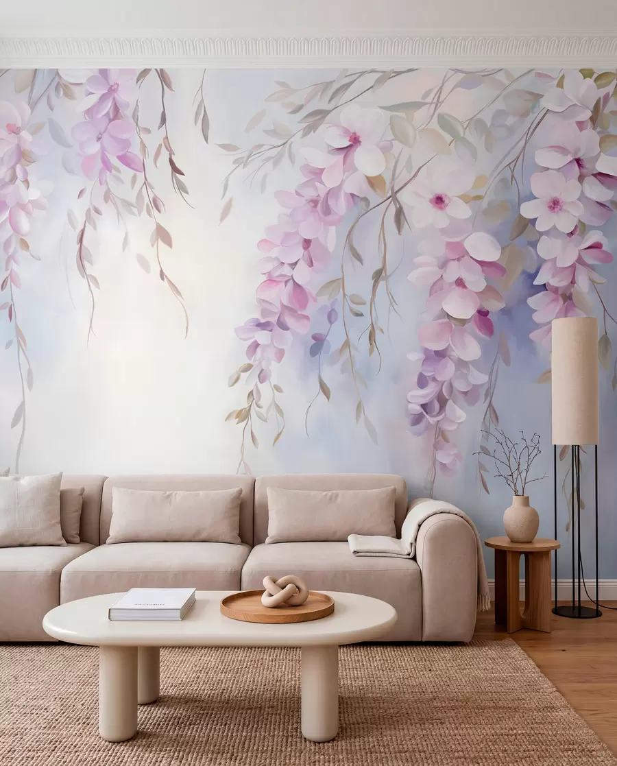 fototapet Wisteria flori cu petale liliac și frunze verzi agățat de ramuri, culori pastelate moi, fundal colorat pastel w09010