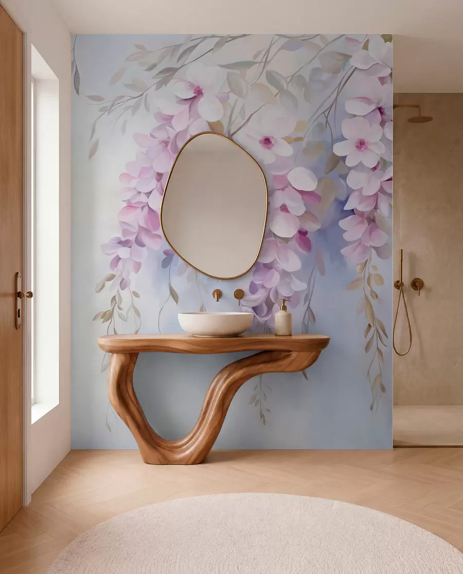 fototapet Wisteria flori cu petale liliac și frunze verzi agățat de ramuri, culori pastelate moi, fundal colorat pastel w09010