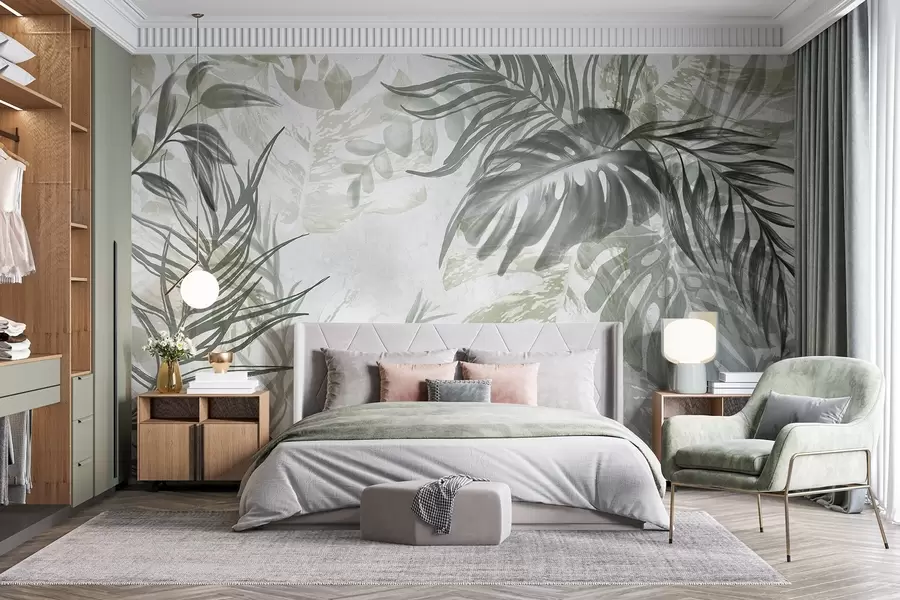 fototapet Monstera și frunze de palmier în nuanțe de verde și gri, botanică, frunze tropicale, plante junglă, fundal texturat w09011