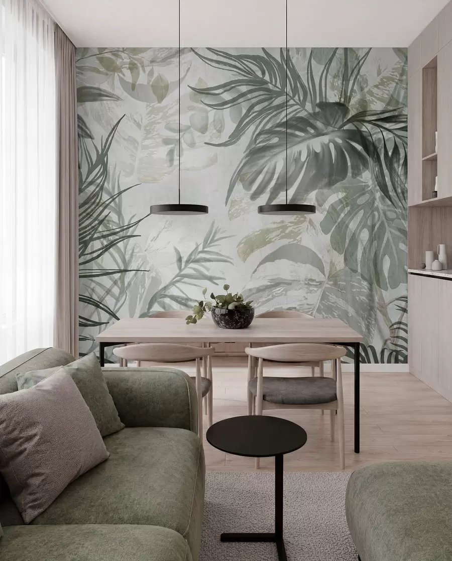 fototapet Monstera și frunze de palmier în nuanțe de verde și gri, botanică, frunze tropicale, plante junglă, fundal texturat w09011