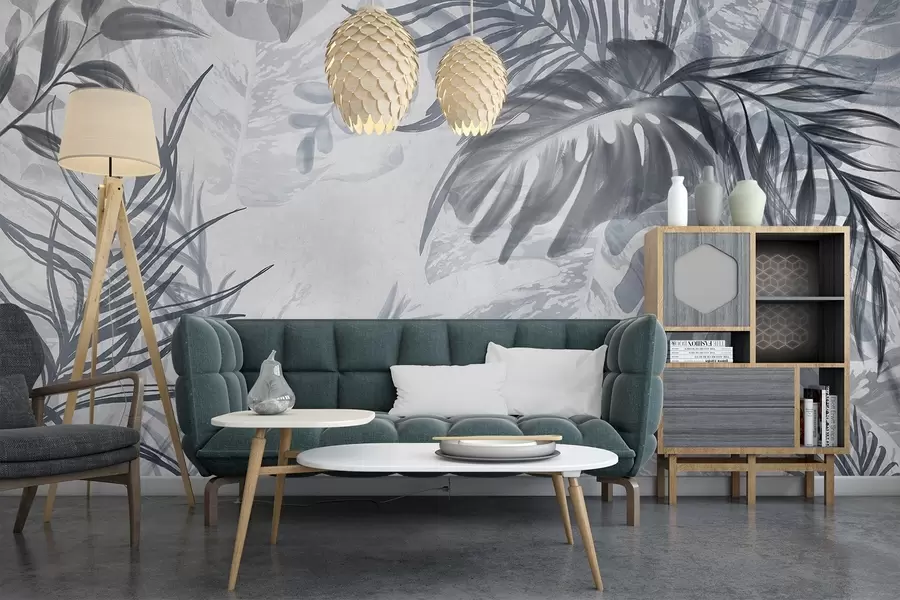 fototapet Monstera și frunze de palmier în nuanțe de albastru și gri, botanică, frunze tropicale, plante junglă, fundal texturat w09011v1