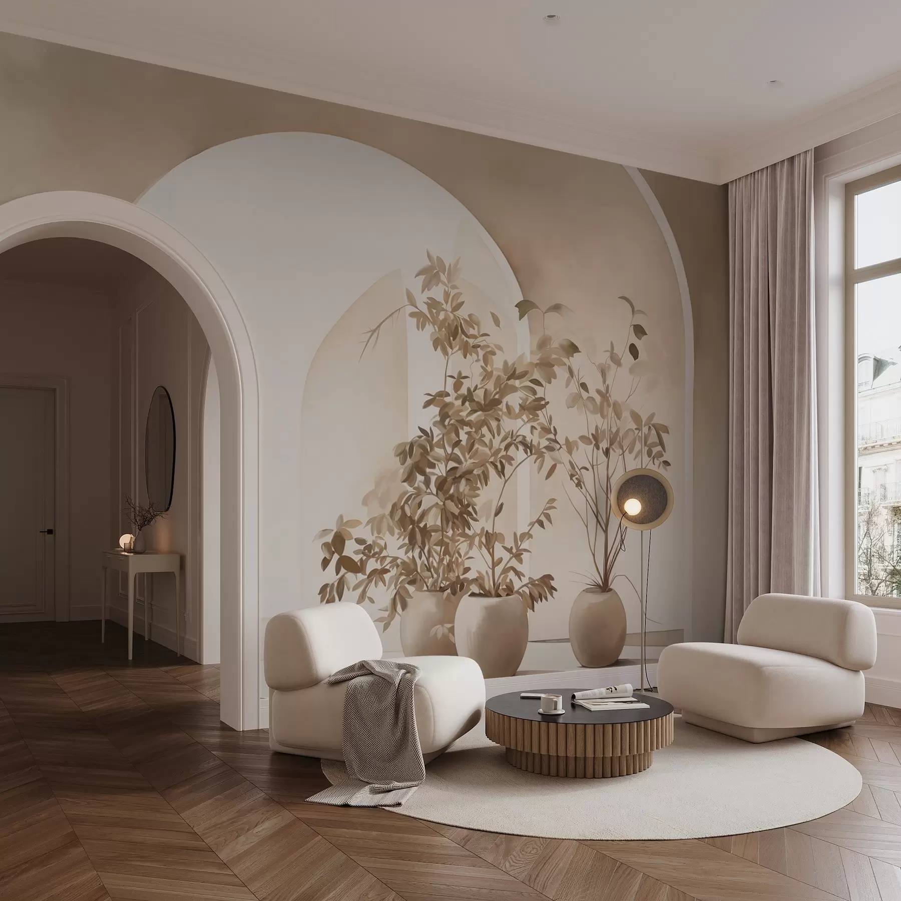 fototapet Plante în ghivece cu tonuri bej în fața arcurilor abstracte, stil minimalist, elegant și curat, fundal neutru w09013