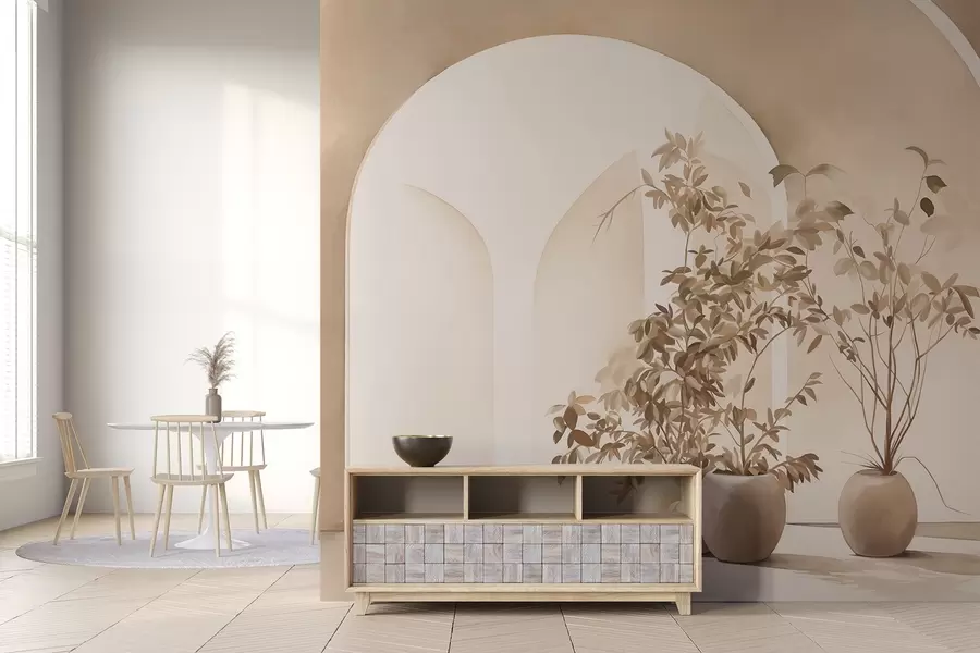 fototapet Plante în ghivece cu tonuri bej în fața arcurilor abstracte, stil minimalist, elegant și curat, fundal neutru w09013