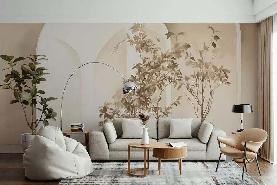 fototapet Plante în ghivece cu tonuri bej în fața arcurilor abstracte, stil minimalist, elegant și curat, fundal neutru w09013