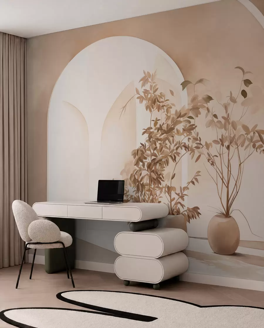 fototapet Plante în ghivece cu tonuri bej în fața arcurilor abstracte, stil minimalist, elegant și curat, fundal neutru w09013