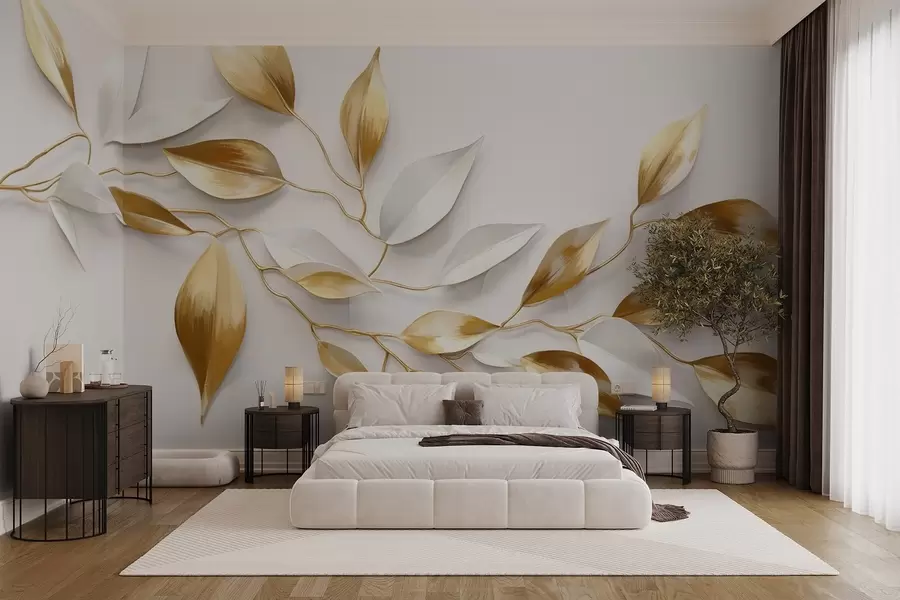 fototapet Frunze galbene și albe pe o ramură , design elegant, fundal alb, stil minimalist, artă decorativă , inspirat din natură w09015