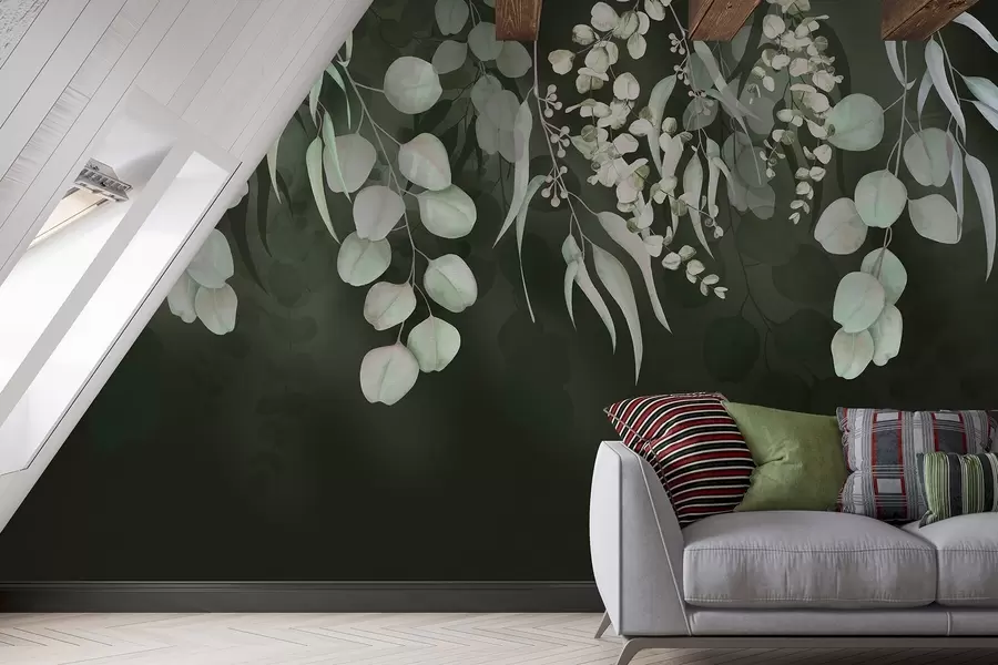 fototapet Frunze tropicale pe fundal verde închis, floral w03752