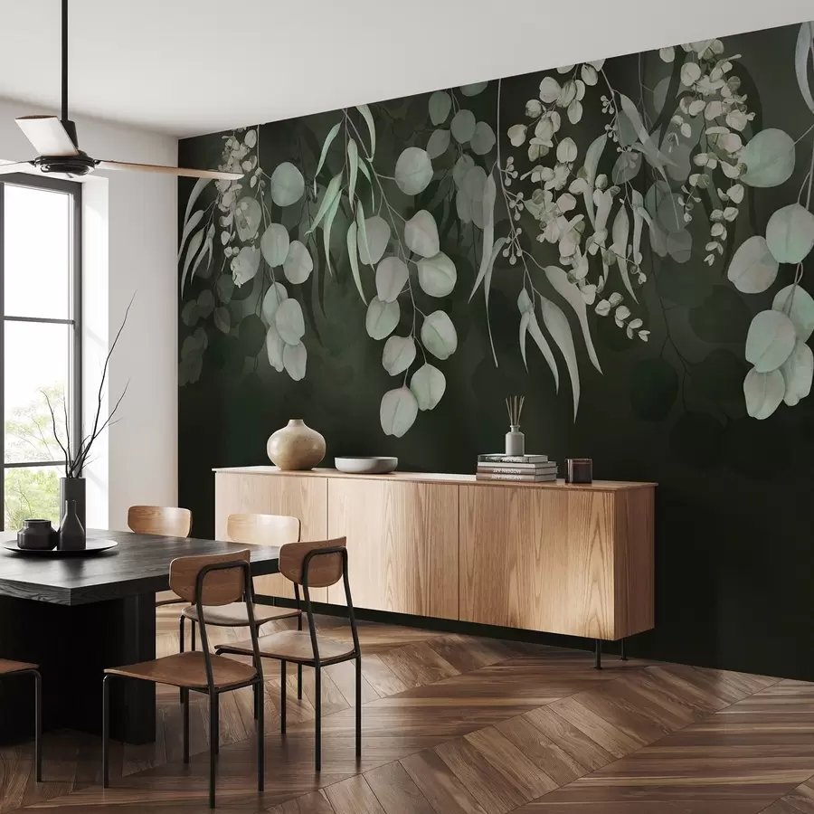 fototapet Frunze tropicale pe fundal verde închis, floral w03752