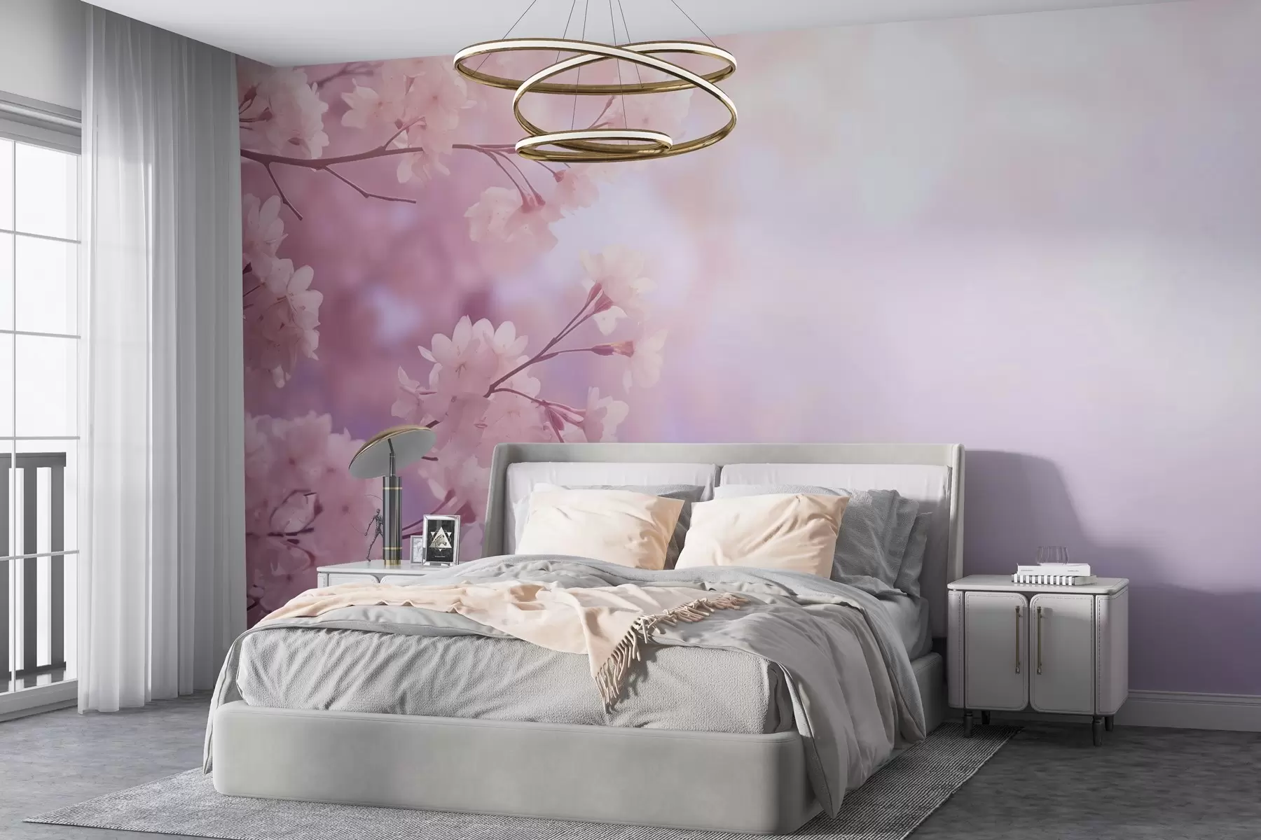 fototapet Ramuri Sakura cu flori roz pe fundal pastel w03804