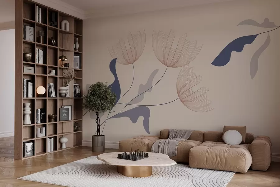 fototapet flori elegante minimaliste în tonuri de albastru pe un fundal bej w03763