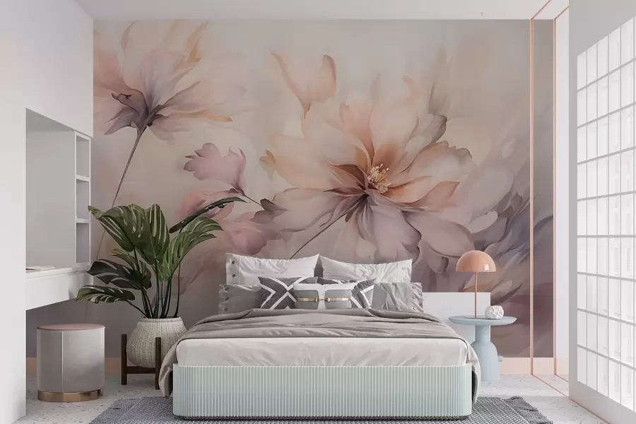 fototapet O artă florală delicată cu flori mari de culoare pastel cu petale translucide, tulpini moi și un fundal ușor difuz w09050