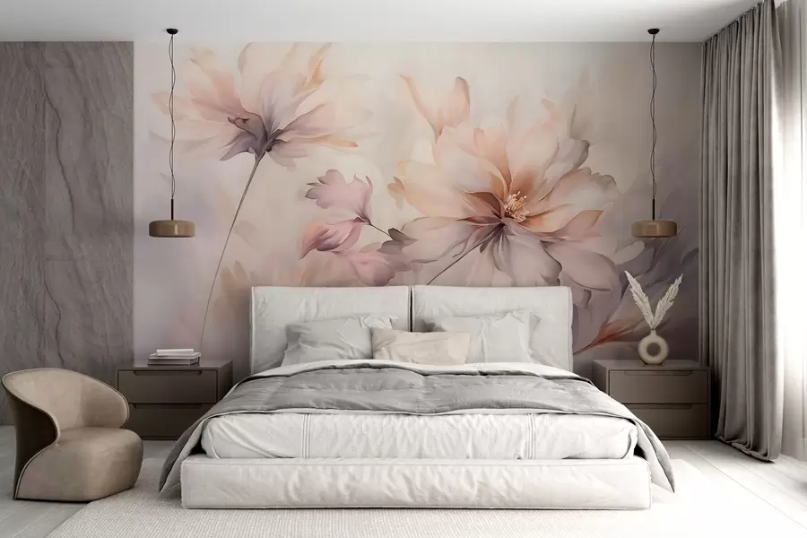 fototapet O artă florală delicată cu flori mari de culoare pastel cu petale translucide, tulpini moi și un fundal ușor difuz w09050