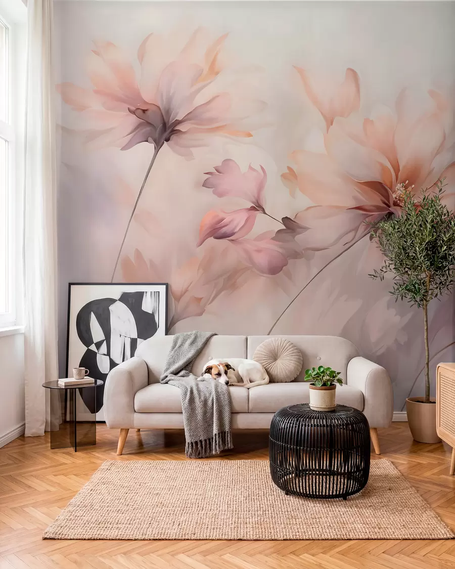 fototapet O artă florală delicată cu flori mari de culoare pastel cu petale translucide, tulpini moi și un fundal ușor difuz w09050