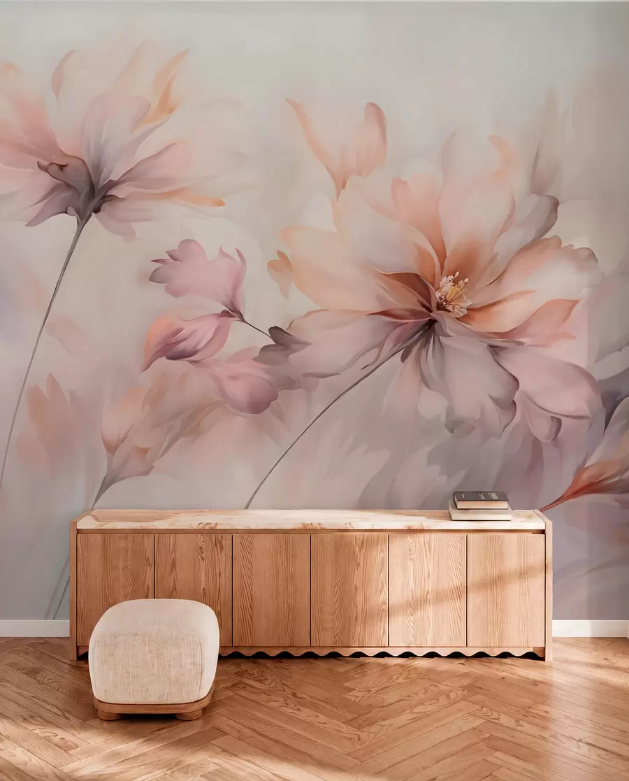 fototapet O artă florală delicată cu flori mari de culoare pastel cu petale translucide, tulpini moi și un fundal ușor difuz w09050