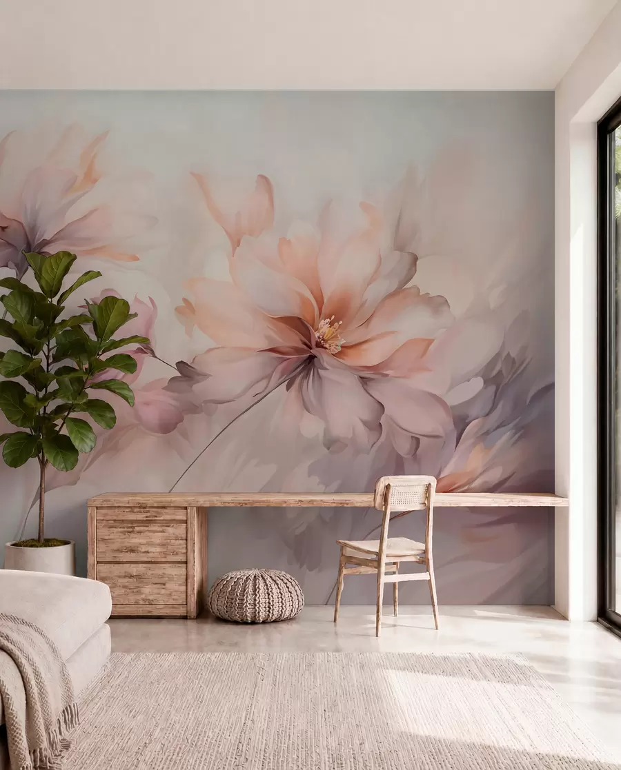 fototapet O artă florală delicată cu flori mari de culoare pastel cu petale translucide, tulpini moi și un fundal ușor difuz w09050