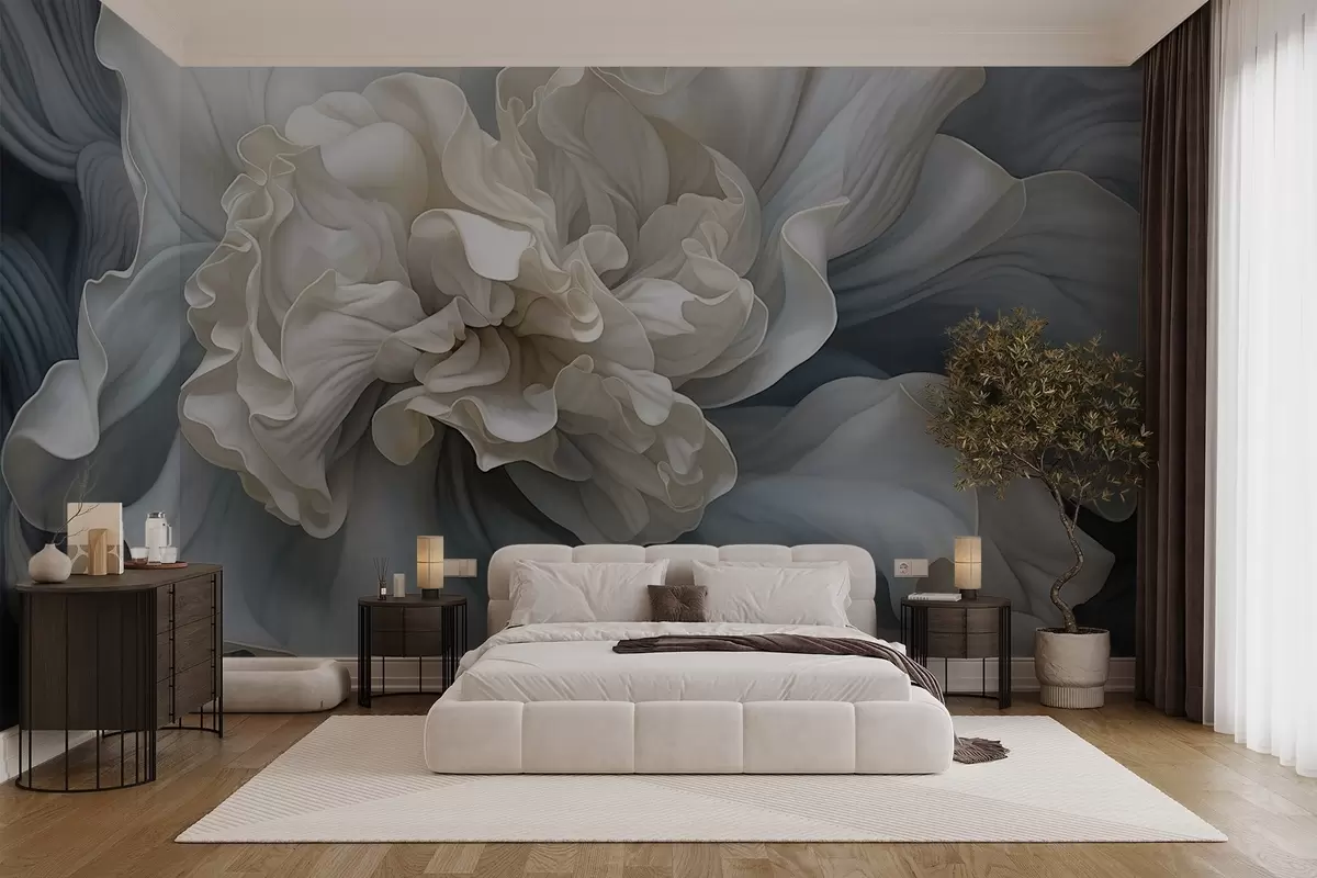 fototapet Abstract floare decorativă mare cu multe petale, moale și delicată, cu nuanțe de albastru și gri în fundal w09055