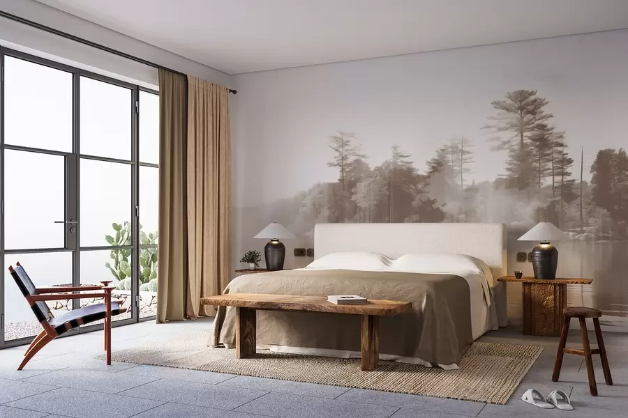 fototapet Abstract minimalism texturat peisaj cu un lac și copaci reflecții în apă în nuanțe de bej și alb w09058v1