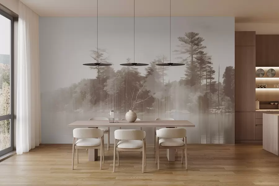 fototapet Abstract minimalism texturat peisaj cu un lac și copaci reflecții în apă în nuanțe de bej și alb w09058v1