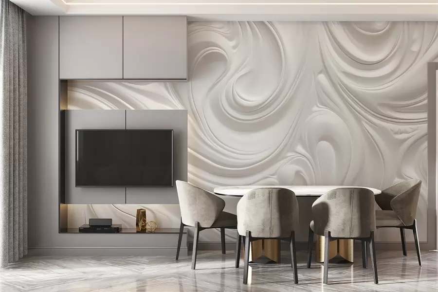 fototapet Artă modernă abstractă albă cu vârtejuri și valuri fluide, textură netedă, design elegant, estetică minimalistă w09059
