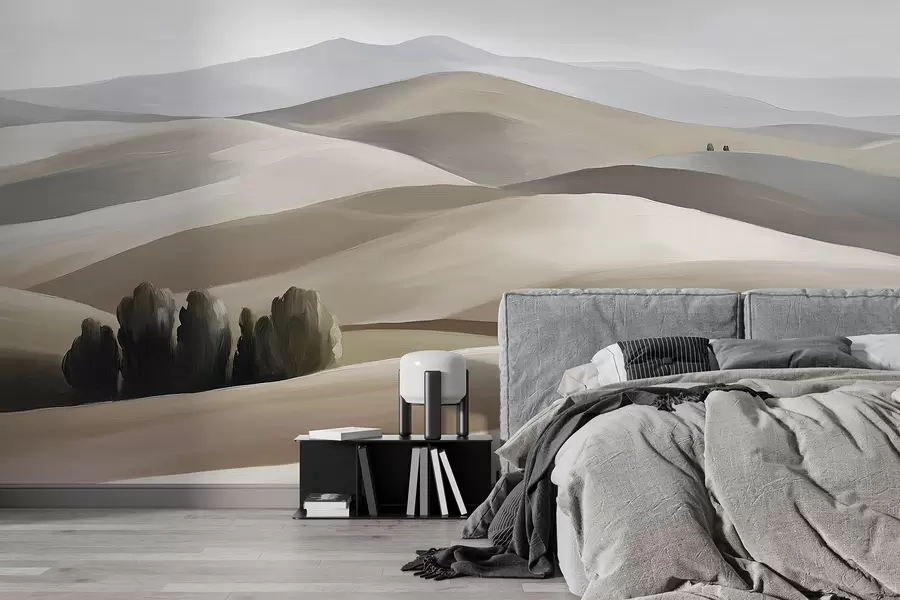 fototapet Peisaje cu copaci, Toscana, culori bej și gri, stil ulei w03880v1