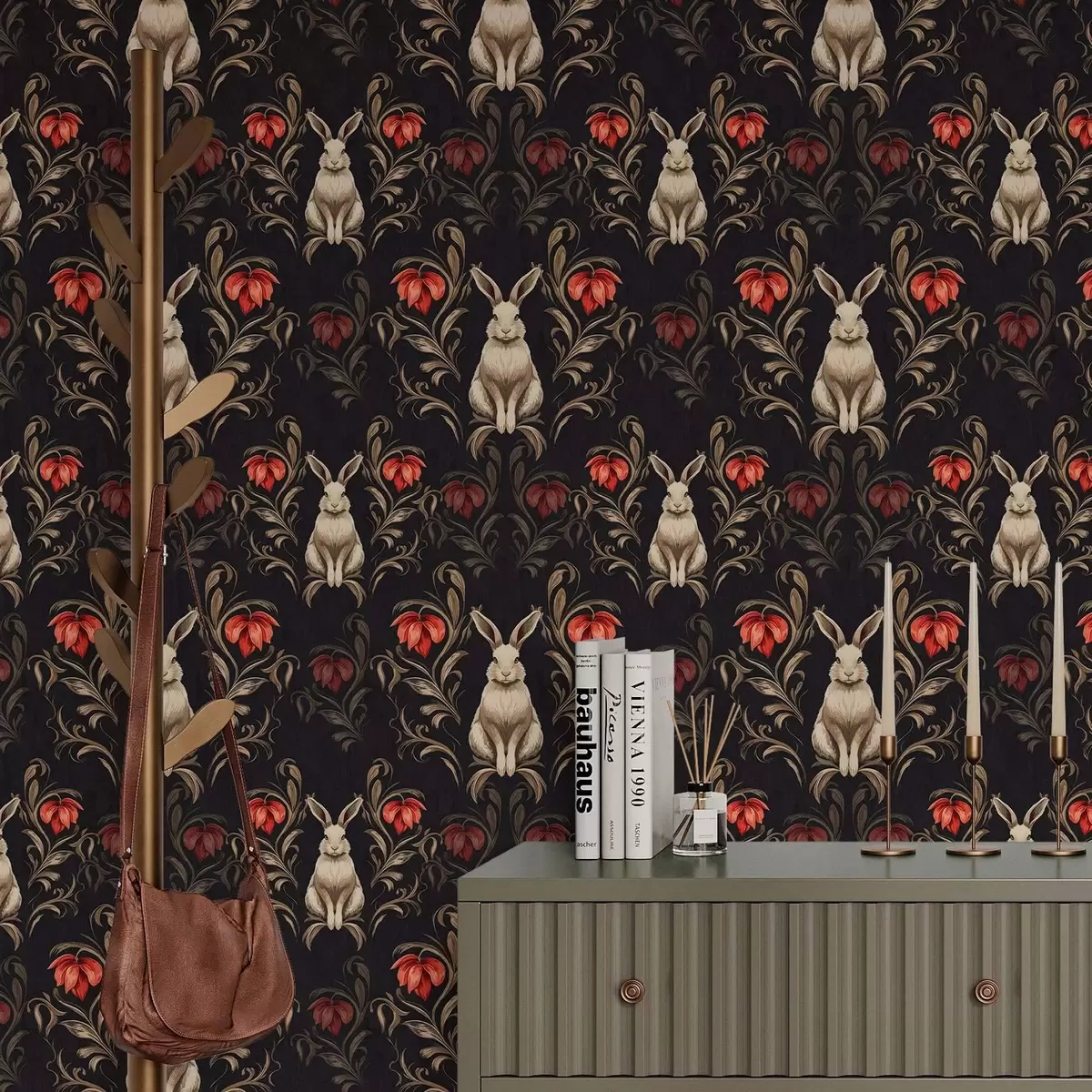 Wallpaper Iepure și flori roșii pe un fundal întunecat a00102