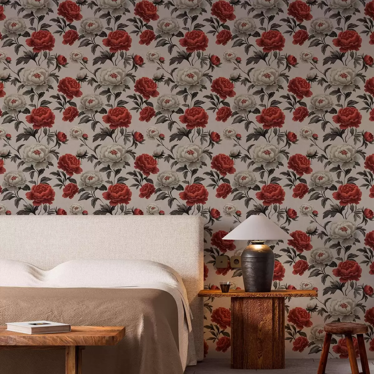 Wallpaper Peonies în stil retro pe un fundal bej a00107