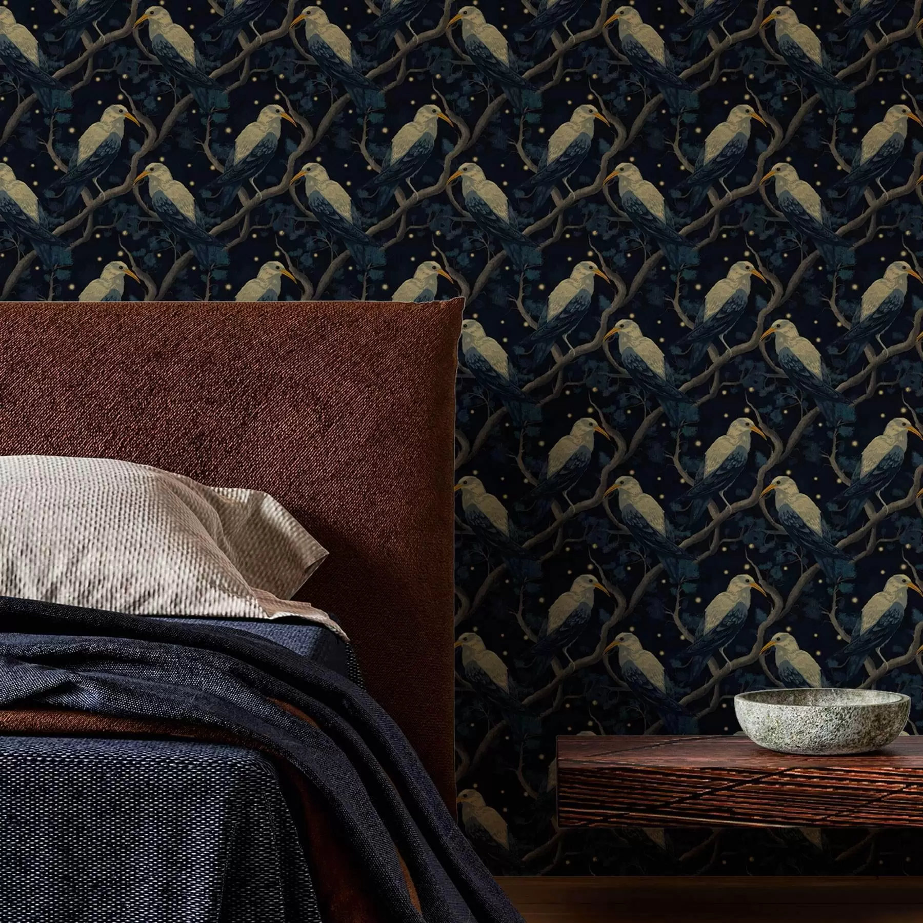 fototapet Păsări de noapte pe ramuri și stele pe un fundal albastru închis a00109v1