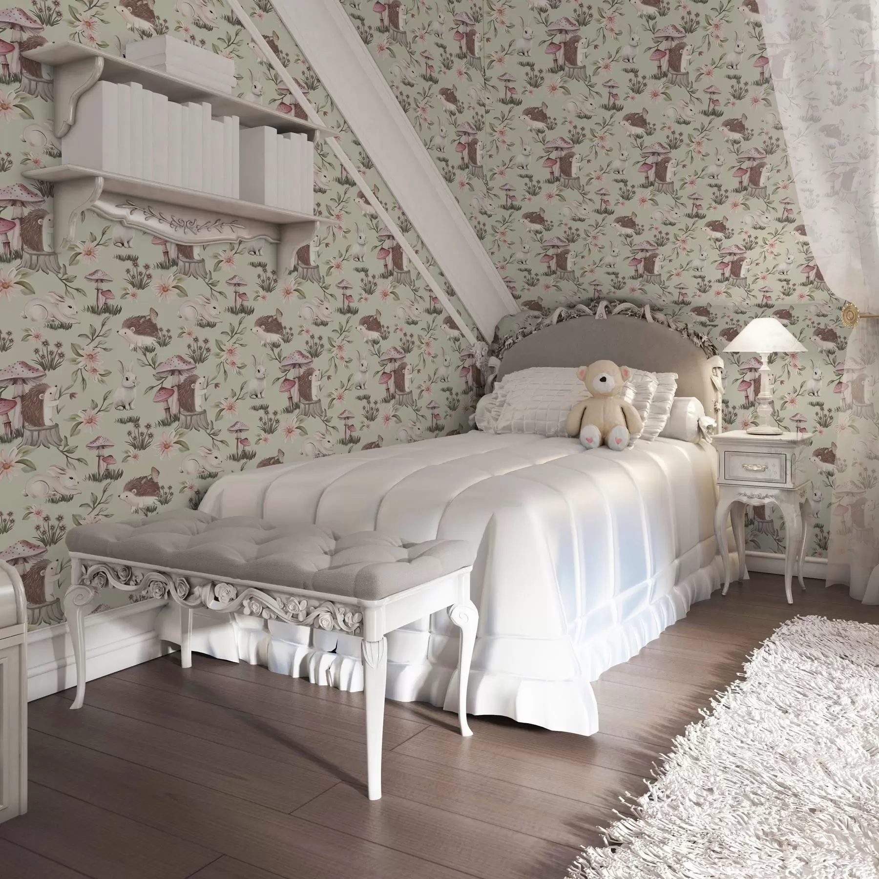 fototapet Animale de basm și flori pe un fundal verde în culori pastelate delicate a00111v1