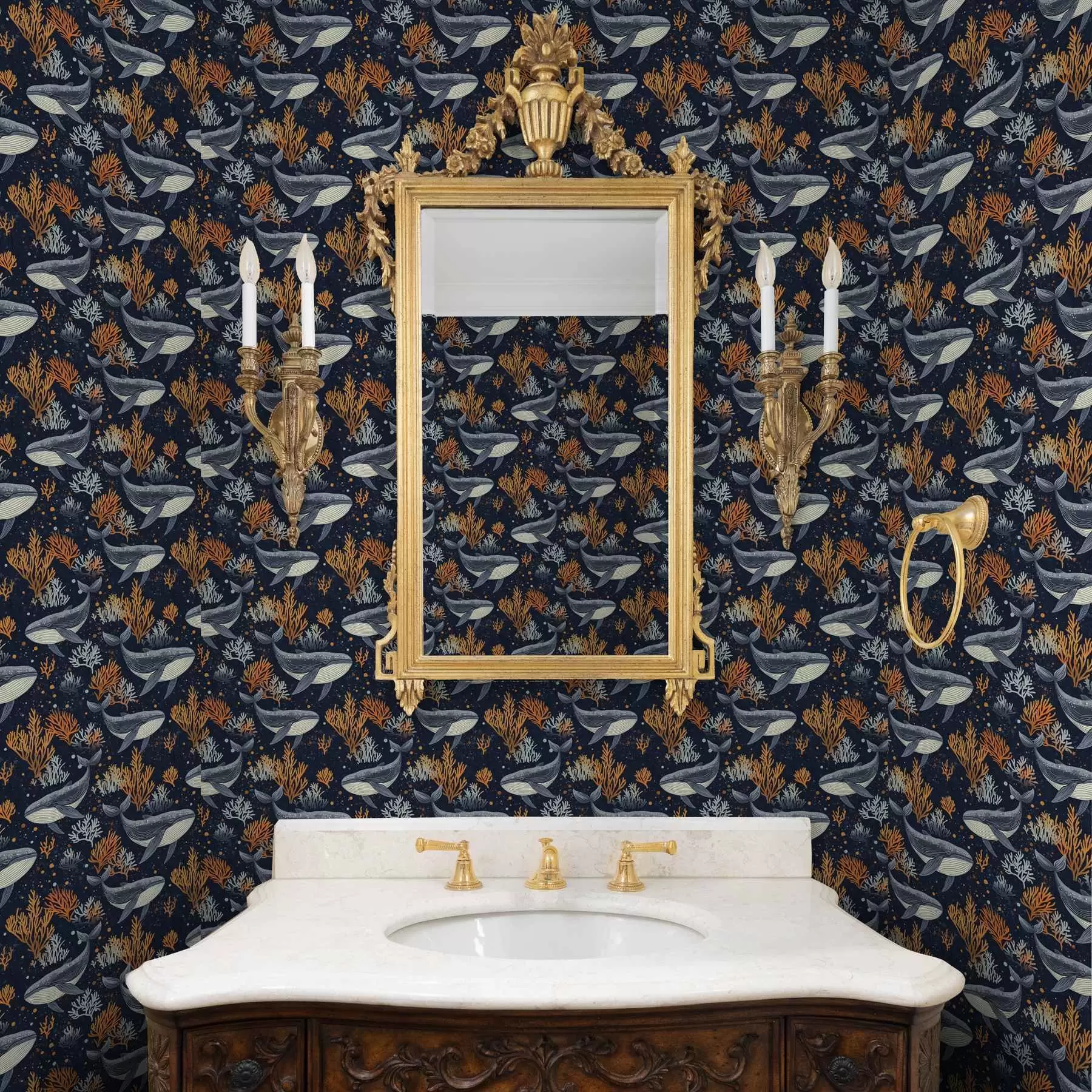 fototapet Balene de mare și corali pe un fundal întunecat a00116