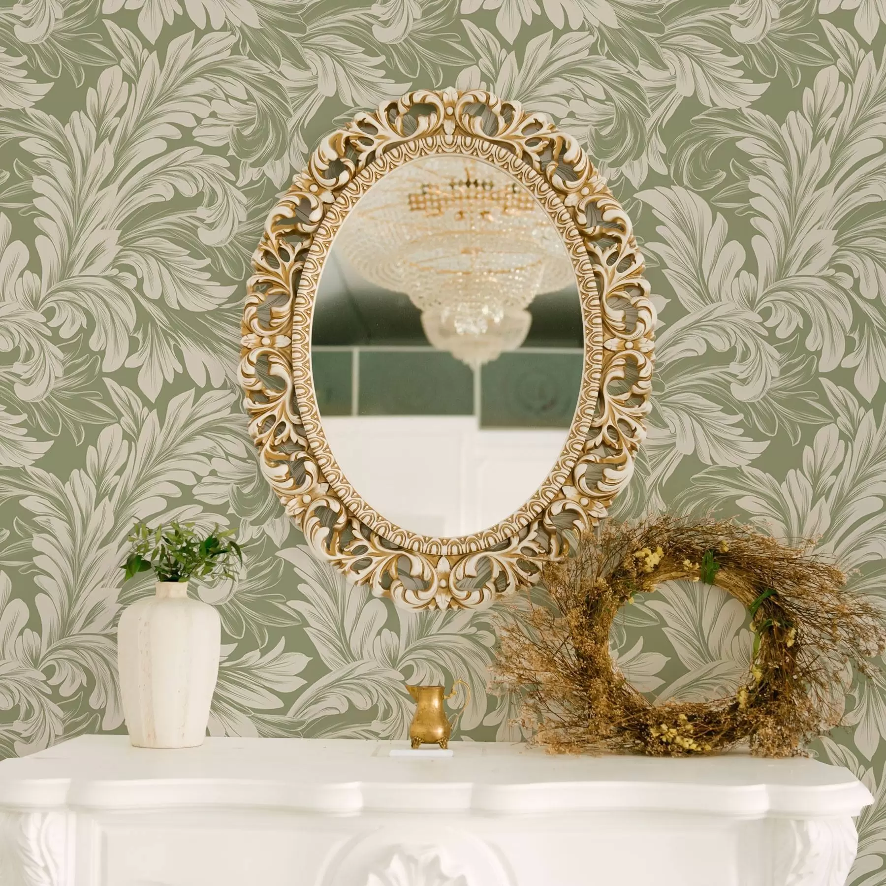 fototapet Baroc cu frunze crem pe fundal verde a00135