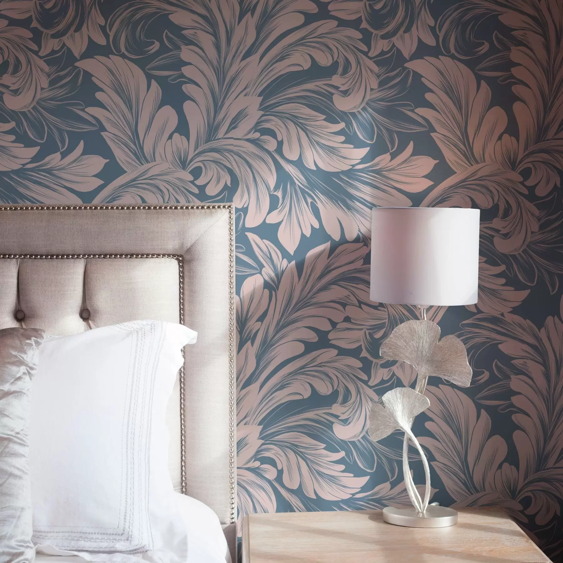 fototapet Bucle de plante în tonuri de crem pe fundal albastru și gri a00135v2