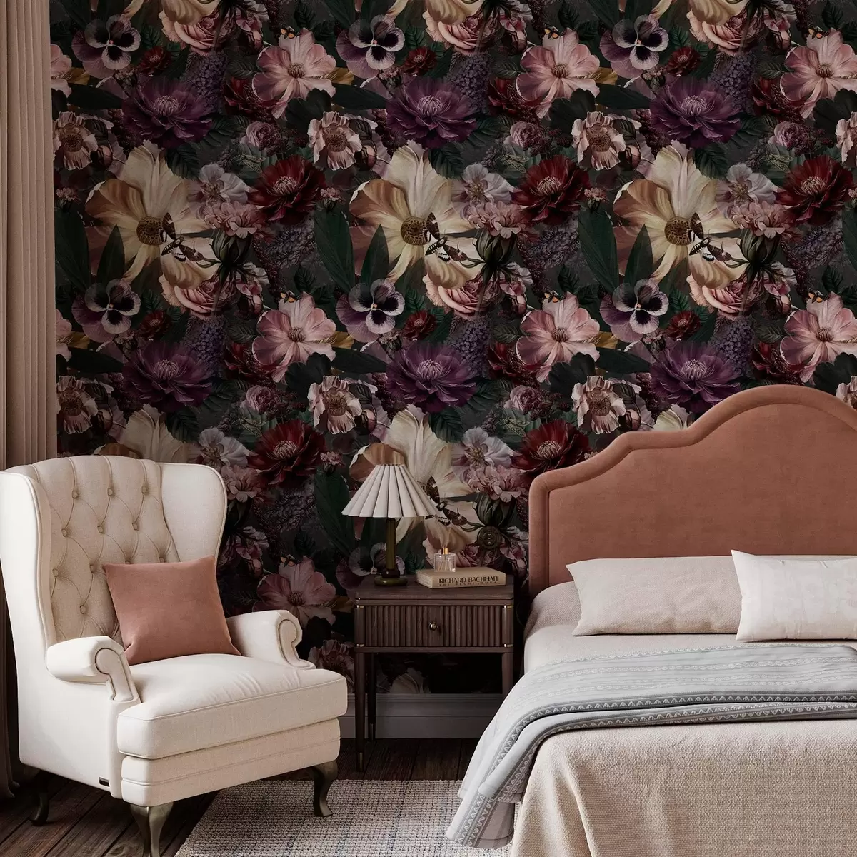 Wallpaper Imprimeu floral artistic în culori închise a00147