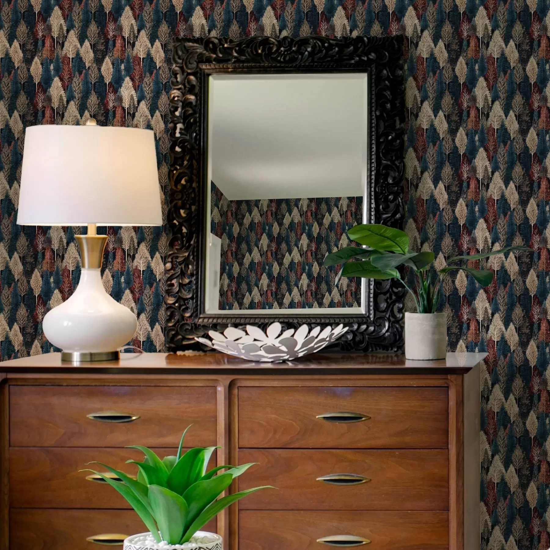 fototapet Pădure abstractă cu copaci pe fundal albastru închis a00150