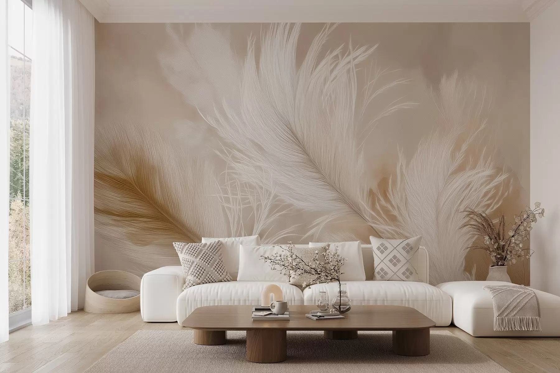 fototapet Flying pene aerisite pe un fundal bej w09102