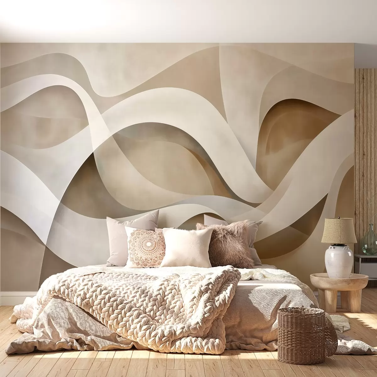 fototapet compoziție abstractă minimalistă de forme organice suprapuse, fiecare conturată cu o margine albă moale, umplută cu linii interne dense, ca textura țesăturii sau a hârtiei, curbe curgătoare în tonuri neutre de bej, nisip, piatră și fildeș, aspect în relief w03940